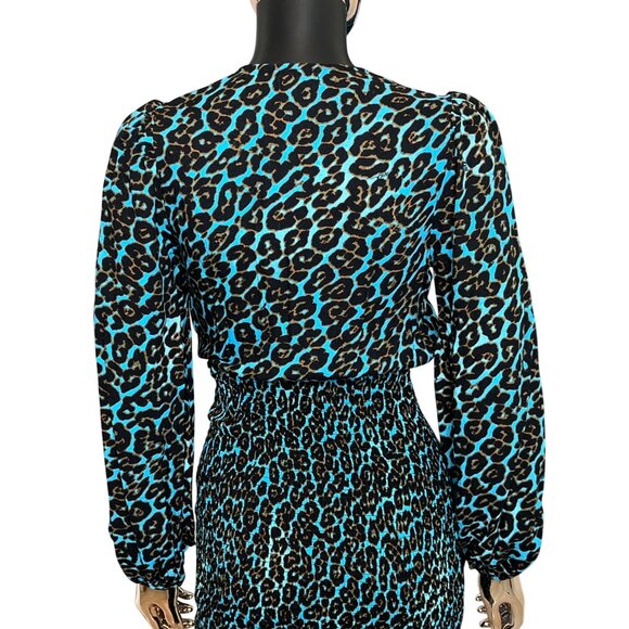 AFRM Blue Leopard Print Mini Dress Smocked Waist Long Sleeve Size SP Revolve - Picture 10 of 12
